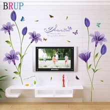 Romantic Purple Lily Flower Wall Sticker TV Sofa Decoration Art Vinyl Home Decor Beautiful Flower Wallpaper Butterfly Wall Decal