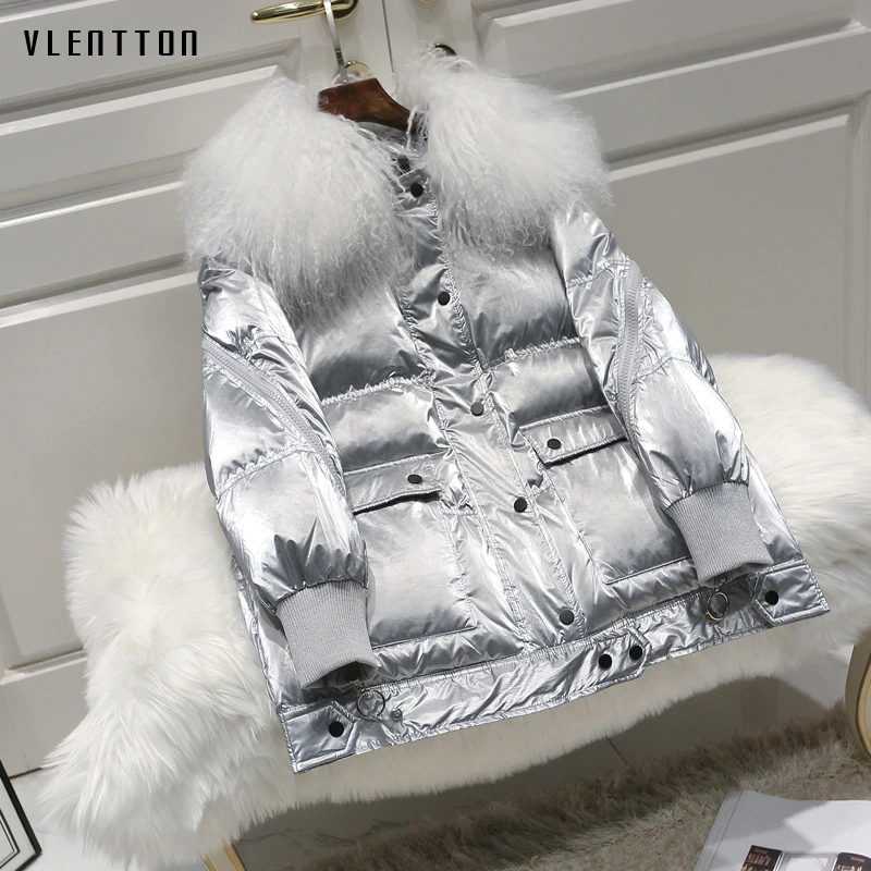 Женская куртка на белом утином пуху черная блестящая теплая парка с воротником