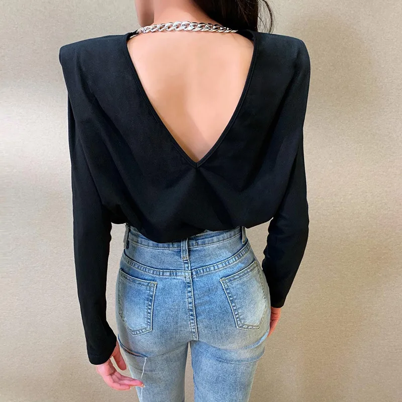 

Shoulder Pads Backless Women's Top Elegant Long Sleeve Black Tops Female 2022 Spring Summer Loose Fashion Casual Clothes Ladies