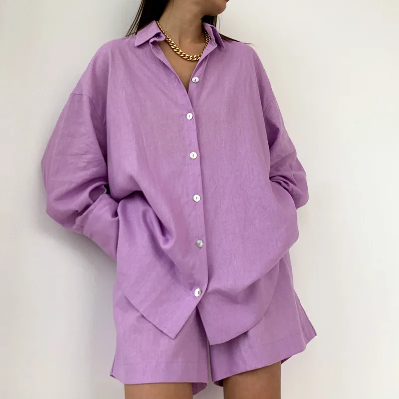 

Женский комплект из 2 предметов, Однотонная рубашка на пуговицах с длинным рукавом и шорты с эластичным поясом, 4 цвета, лето-осень