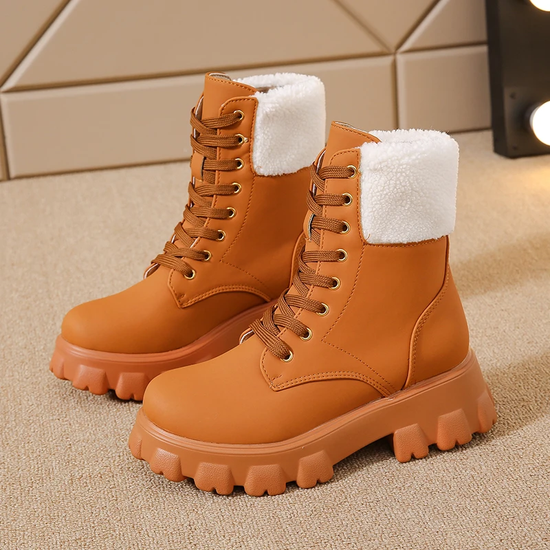 

Women's Boots Autumn and Winter New Solid Color Thick-soled Lace-up Snow Boots Fashion Ladies Yellow Boots Women's Shoes 2021