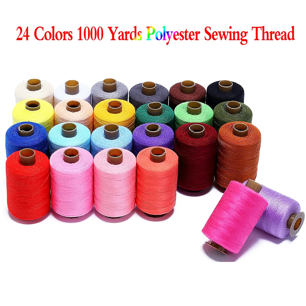 Набор ниток для шитья 24 цвета по 1000 ярдов и 25 шпулек полиэстеровых нитей для ручного и машинного шитья, квилтинга и рукоделия.
