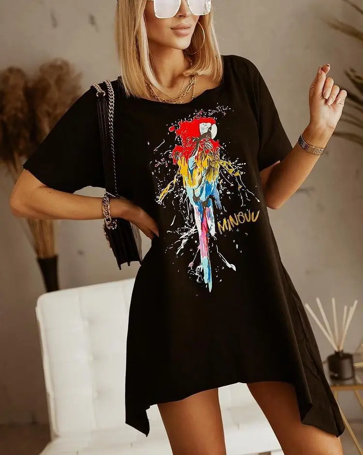 

Dresses2021 летнее модное молодежное повседневное свободное платье с принтом и окрашенным круглым вырезом и воротником-хомутом