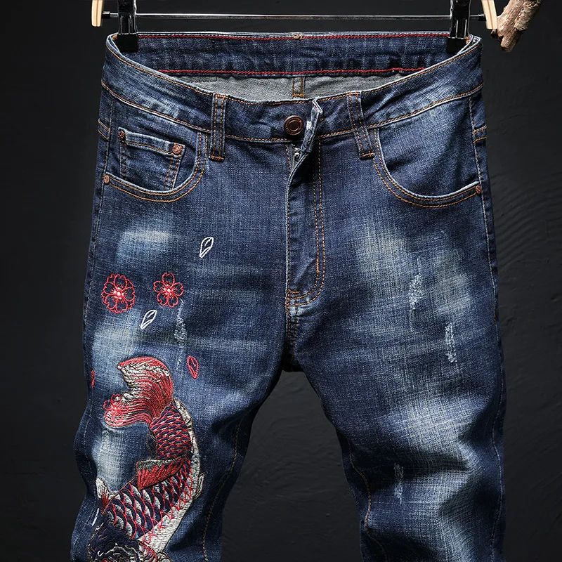 Мужские облегающие джинсы Koi fish синие повседневные хлопковые брюки с вышивкой