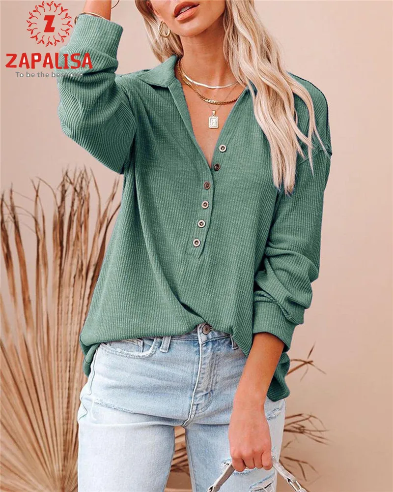 

Women Solid Color T-Shirts Single-Breasted Design Turn-down Collar Long Sleeve Spring Autumn Casual Loose Top for Streetwear