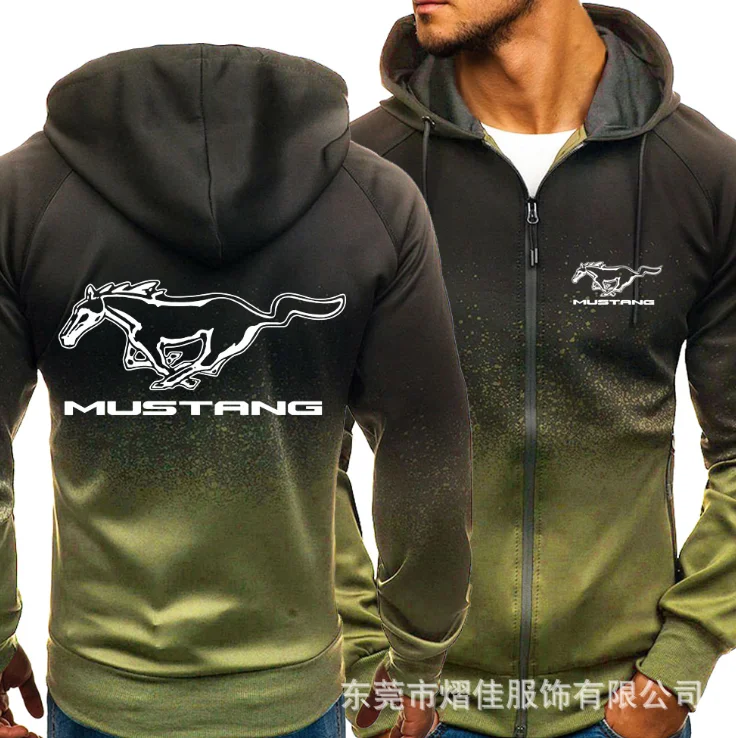 

NEW2021 for MUSTANG Car Logo Print Casual HipHop Harajuku Gradient color Hooded Mens Fleece Sweatshirts zipper Jacket