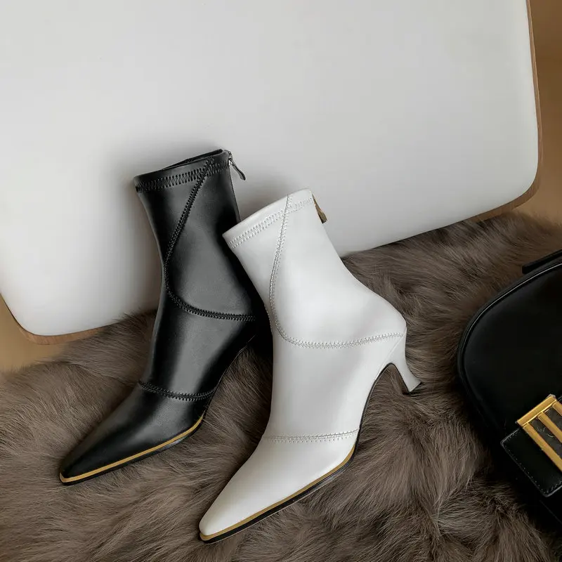 

Concise Genuine Leather Women's Ankle Boots Fashion Quality Side Zipper High Heels Pumps Wedding Working Shoes Woman