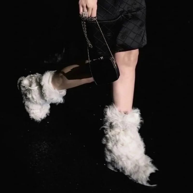 

hot designer shoes woman thick plush long hair flat warm shoes women ankle boots fur dress casual shoes woman winter snow boots