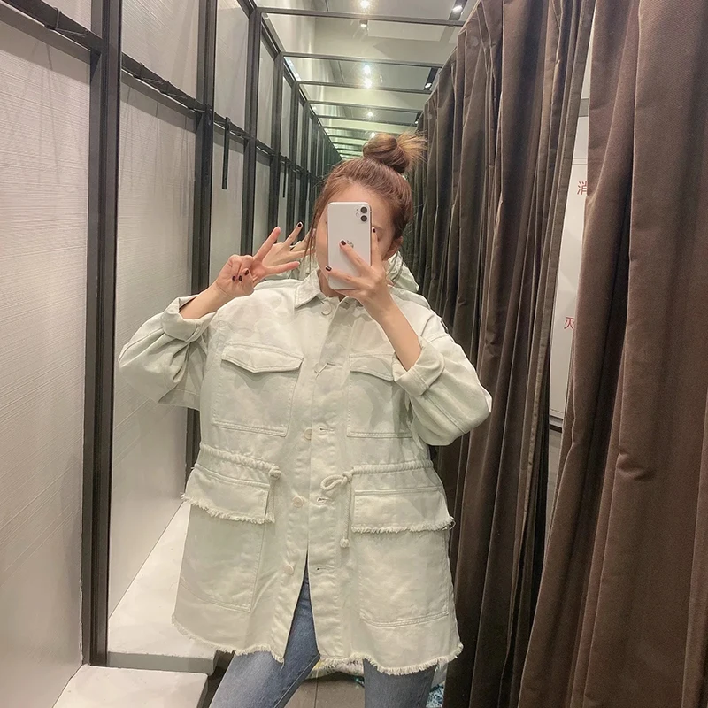 

HWLZLTZHT Autumn Winter With Belt Jean Jacket Women Solid Tassel Casual Loose Long Denim Jackets Outwear Big Pocket Female Coat