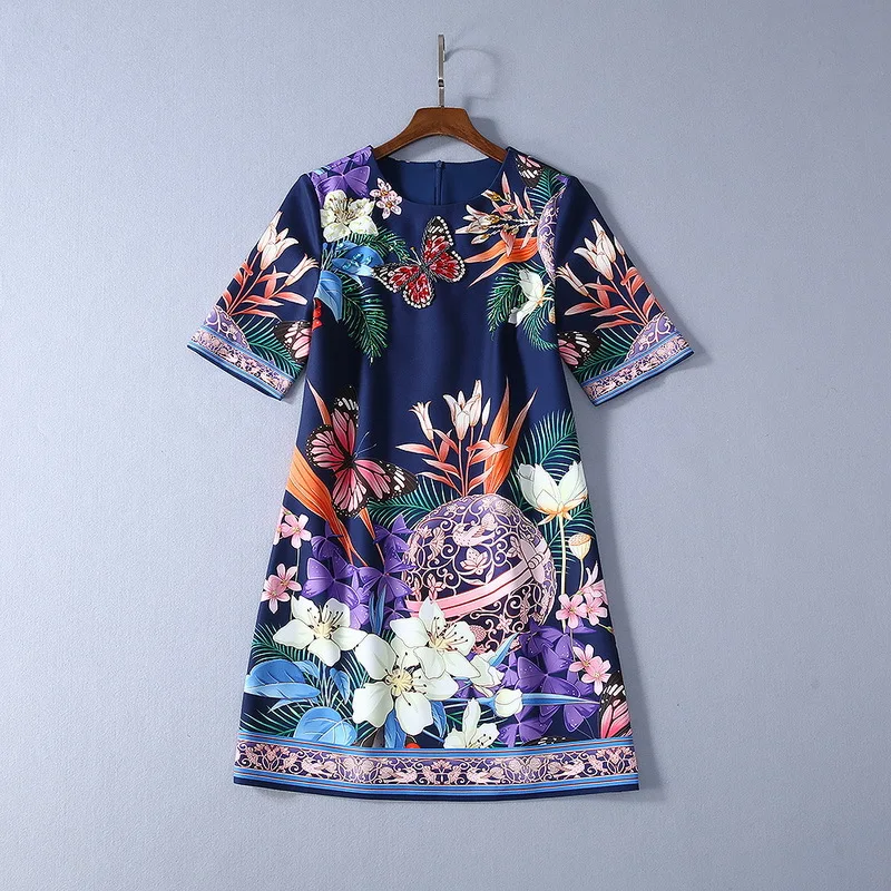 

1106 2021 Free Shipping Spring Dress Crew New Short Sleeve Flora Print Beads Empire Fashion Womens Clothes SH