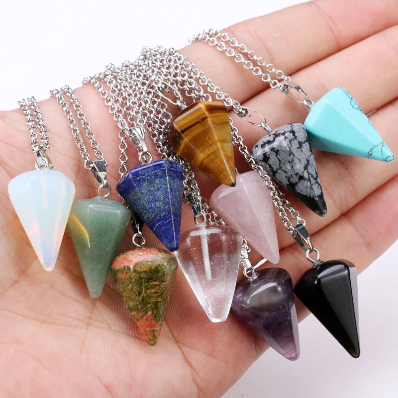 

Small Size Stone Pendulum for Dowsing Amethysts Lapis Opal Crystal Cone Healing Chakra Chain Hexagonal Pendants Pendulo Jewelry