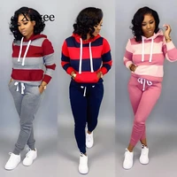 running patchwork sporting hooded tracksuit women long sleeve pullover casual pants female winter wool warm 2 piece set slim