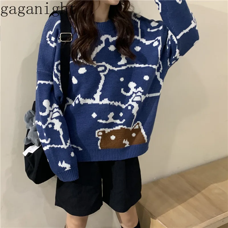 Gaganight Bear Повседневный свободный свитер для девочек с длинными рукавами и круглым