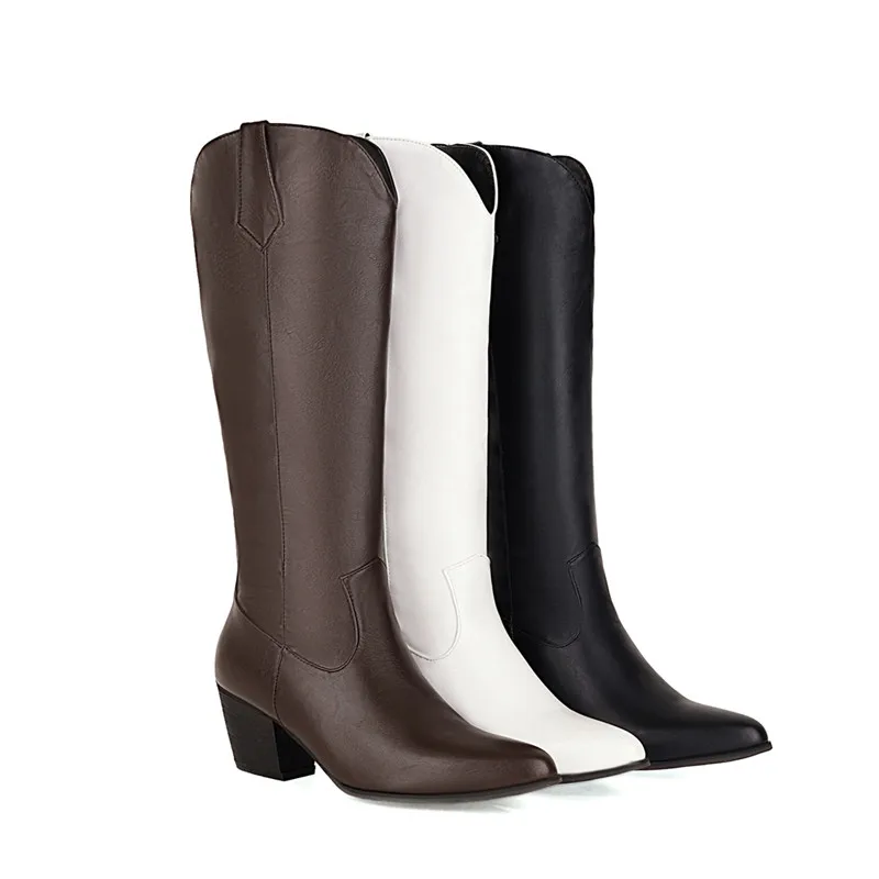 

Sgesvier Fashion White Black Chunky High Heel Boots Female Botas Pointed Toe Mid Calf Mid Long Riding Boots Womens Shoes Winter