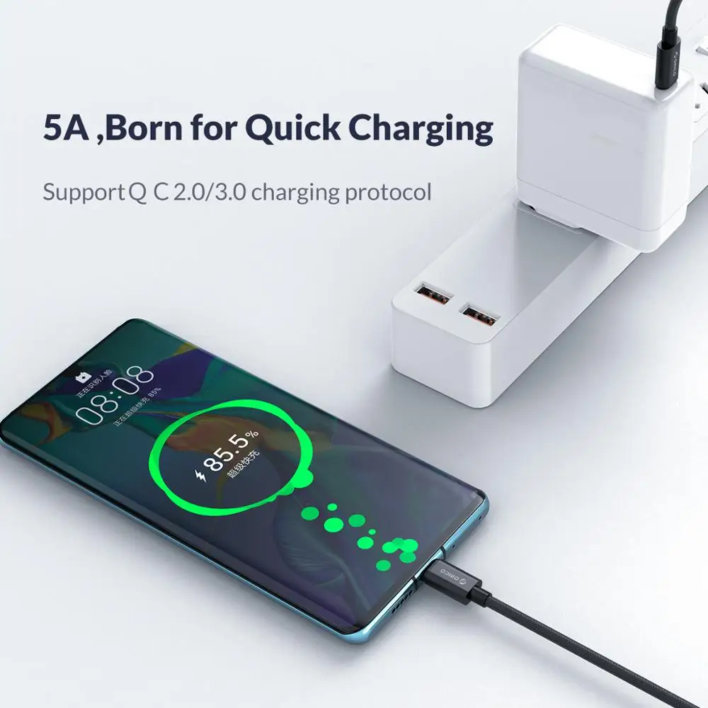 Кабель Orico USB Type C to QC3.0 5A для Huawei Mate 20 Redmi K20 Note7 Quick Charge 3 0 кабель быстрой зарядки MacBook