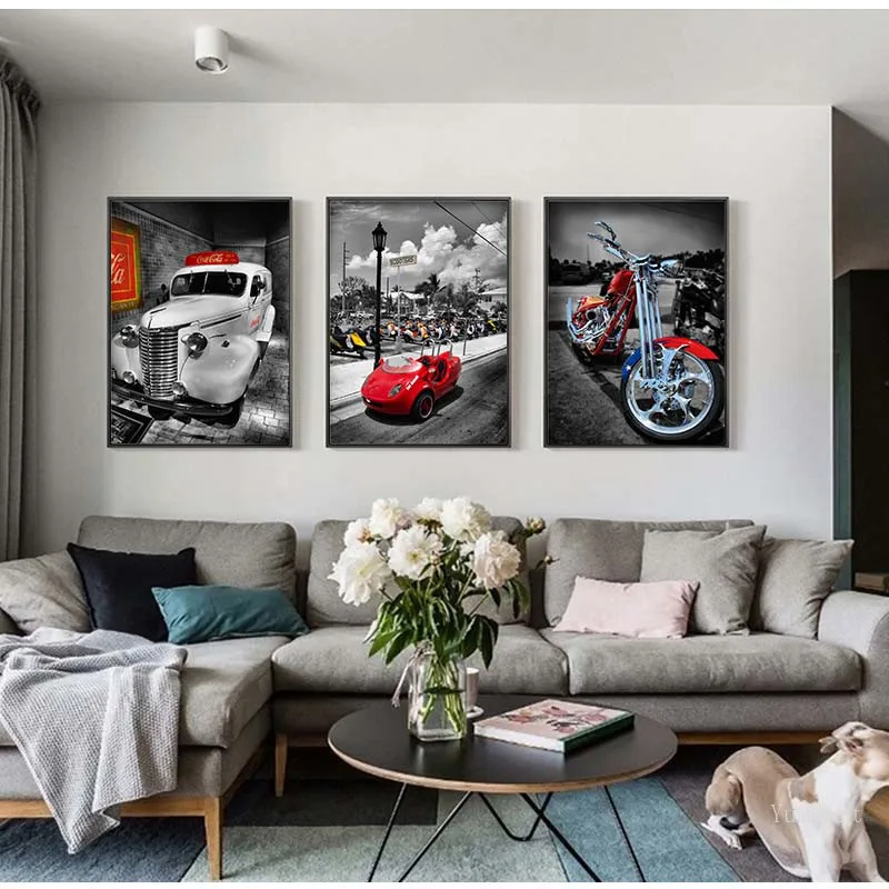 Современный мотоцикл и красный белый автомобиль пейзаж холст постер с пейзажом