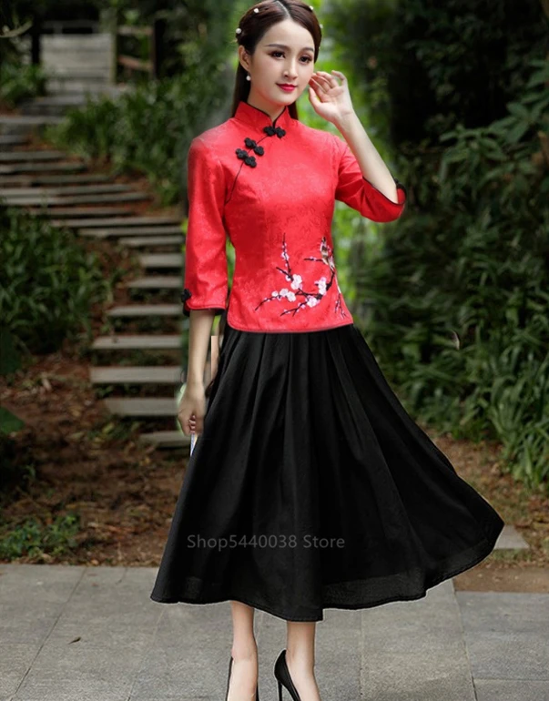 Новогодняя традиционная китайская одежда для женщин Qipao Топ Тан костюм вышивка Cheongsam блузка Винтаж классического размера плюс Топы