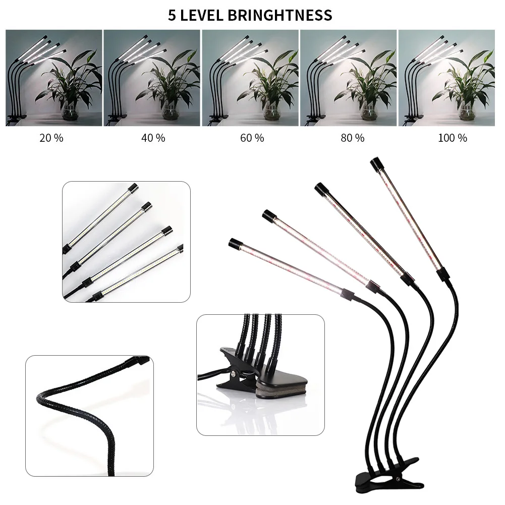 

4 Heads LED Grow Light For Indoor Plants USB Greenhouse 360 Degree Rotatory Home Office Cycle Timing Flower Clip On Desk