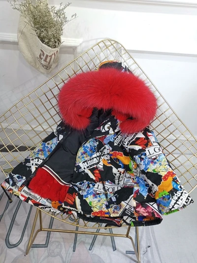 Black Red Fur Парка с натуральным мехом для мальчиков и девочек зимняя теплая куртка с граффити детская одежда пальто с капюшоном из натурального меха енота подкладка из натурального кроличьего меха TZ373 - Цвет: Black Red Fur
