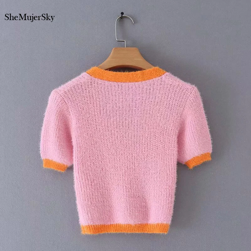 Женский короткий свитер SheMujerSky розовый кардиган с коротким рукавом и V образным