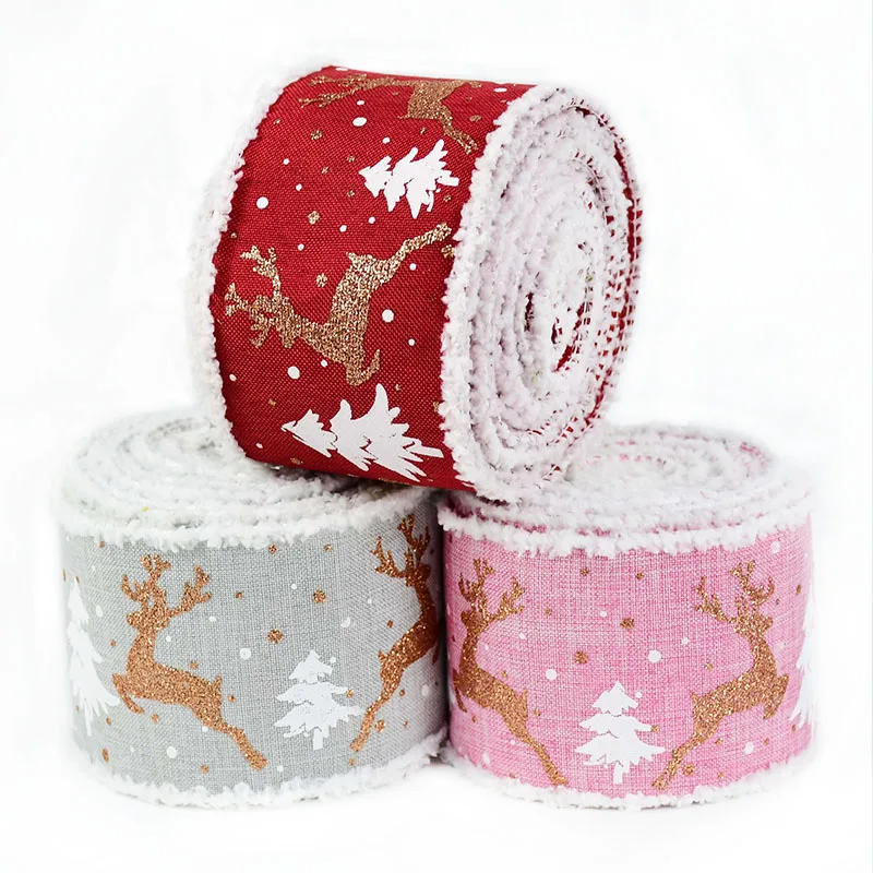 

5M Christmas Snowflake Ribbon Christmas Tree Elk Burlap Ribbons Wired Edge For Xmas New Year Party Gifts Packing Decor DIY Bow