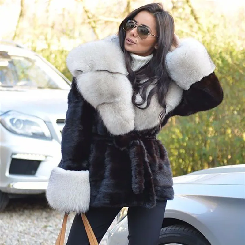 BFFUR Fashion Natural Mink Fur Coats Women Medium Length Genuine Mink Fur Jacket With Silver Fox Fur Collar Fur Overcoats 2022