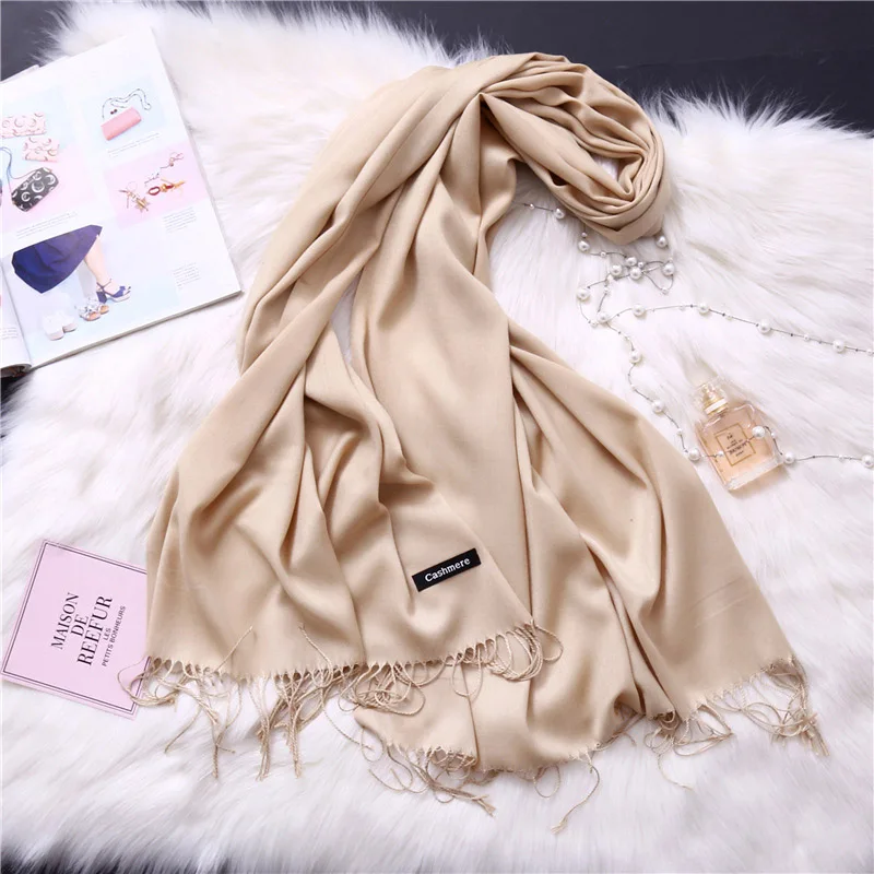 Женский шарф шарфы осень-зима роскошный кашемировый однотонный платок пляжная Основа высокого качества длинный палантин - Цвет: Light Khaki