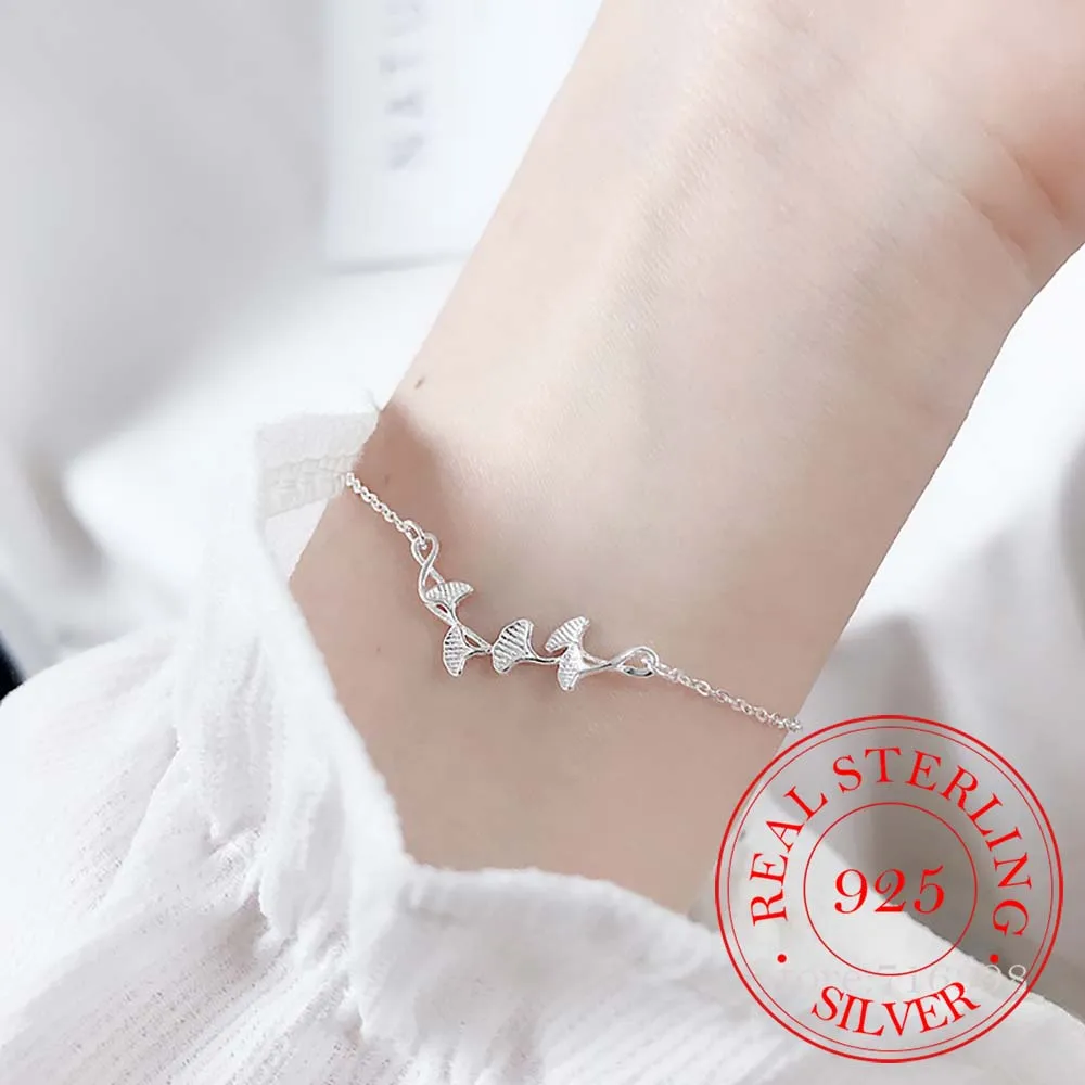 

925 Sterling Silver Ginkgo Leaf Charm Bracelet For Women Gift Elegant Bracelets & Bangles Silver Jewelry