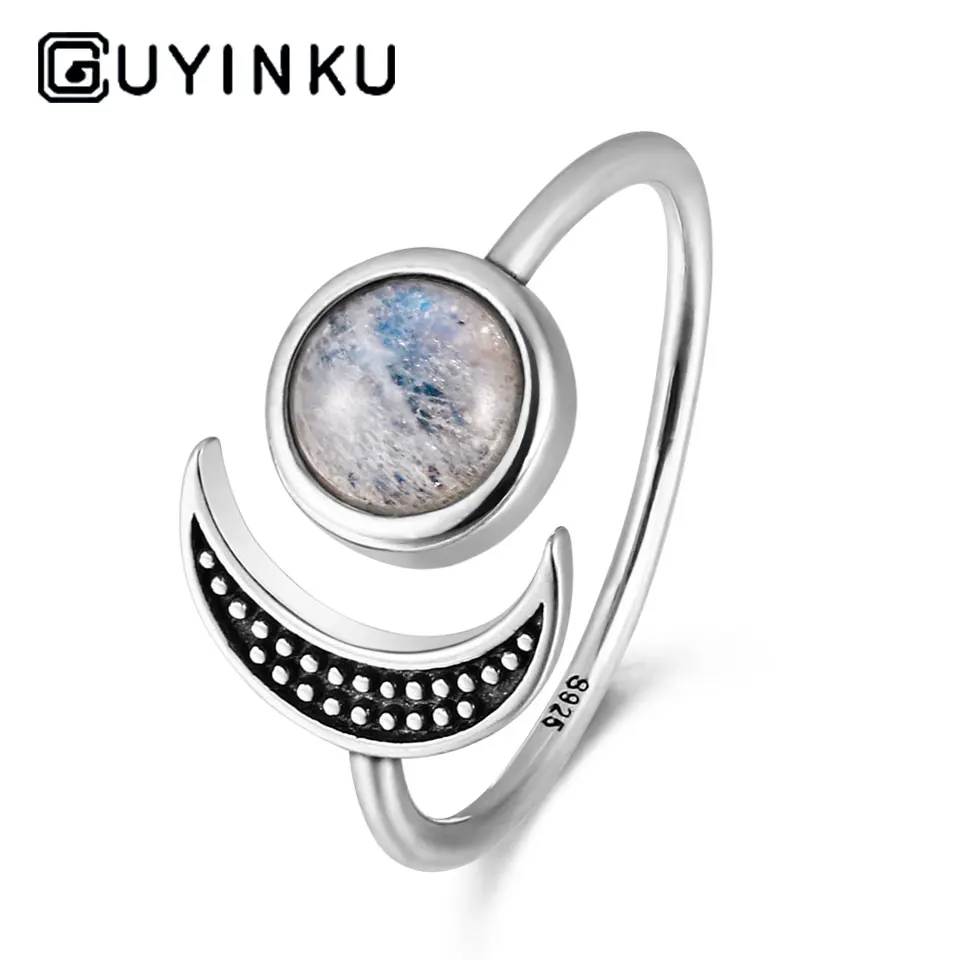 GUYINKU, Романтические кольца в форме Луны, солнца, 925 пробы, серебро, натуральный лунный камень, кольца для женщин, свадебный подарок, хорошее ювелирное изделие, регулируемое