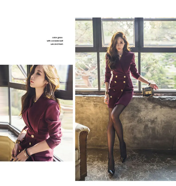 Новинка, для подиума, Офисная Рабочая одежда, Золотой двубортный Тонкий Блейзер, платье, женское вечернее платье-карандаш с зазубренным воротником, vestidos
