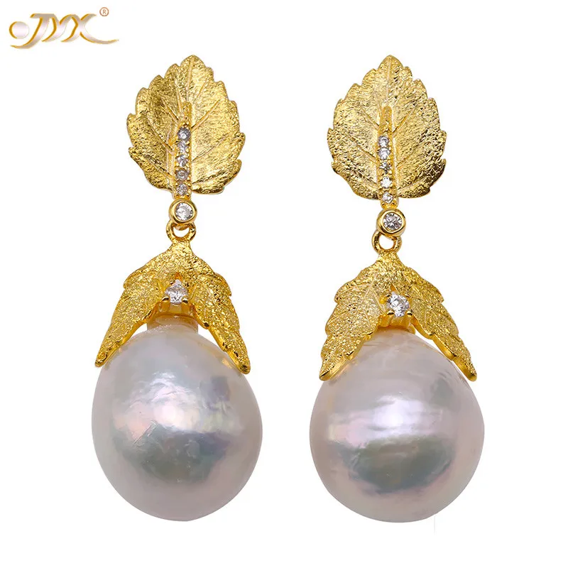 

JYX Golden Color Leaf Baroque Pearl Earrings natural cultured pearls drop earrings 14.5*18mm silver 925