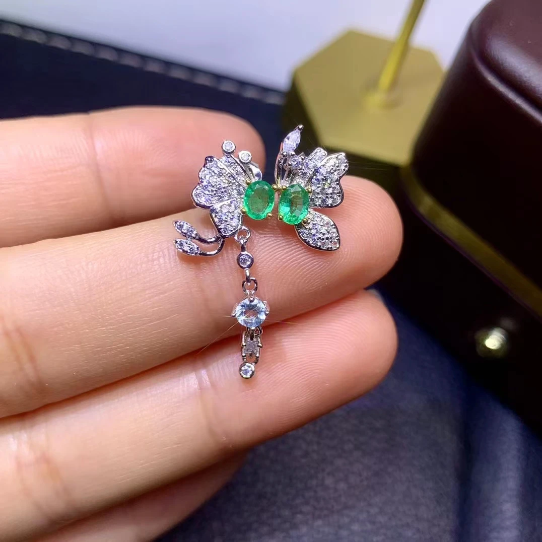 Fine Jewelry 925 Pure Silver Chinese Style Natural Emerald Aquamarine Girl Luxury Asymmetric Butterfly Gem Earrings Ear Stud Sup