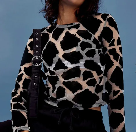 

Женские блестящие сексуальные прозрачные Футболки с длинным рукавом и принтом коровы, милые винтажные облегающие Клубные футболки, футбол...