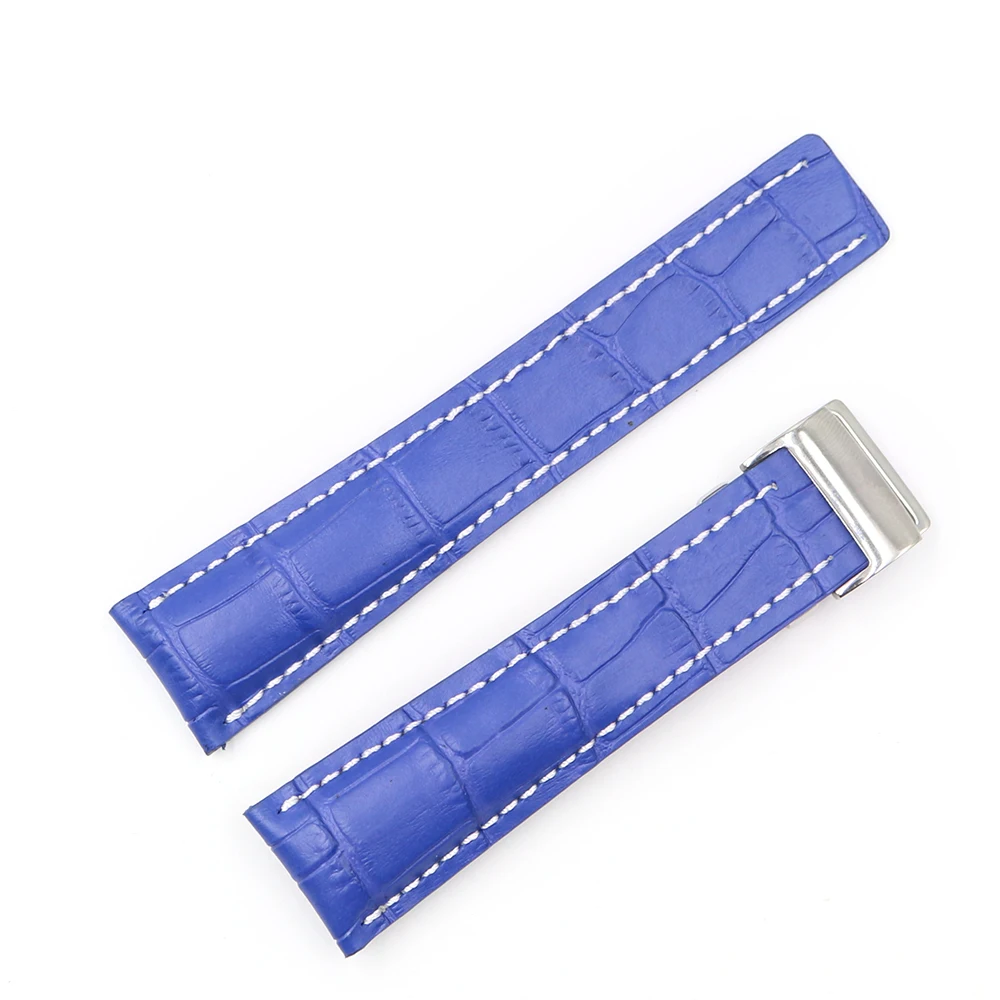 CARLYWET 22 24mm Black Brown Blue Replacement Real Cowhide Leather Wrist Watch Band Strap With Silver Clasp Buckle