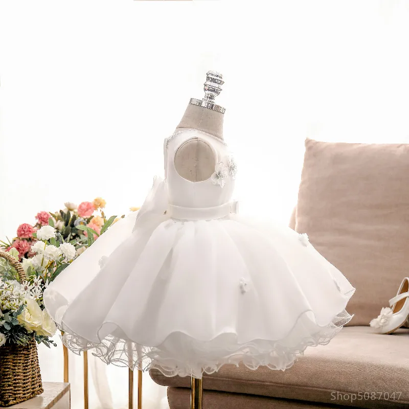 Теперь платья для маленьких девочек платье крещения с 3D цветами тюль бусинами на