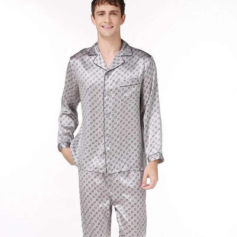 100% Mulberry Silk Men Pajama Sets Print Noble Notch Collar Full Sleeves Top with Full-Length Pant with Elastic Waist sp0178