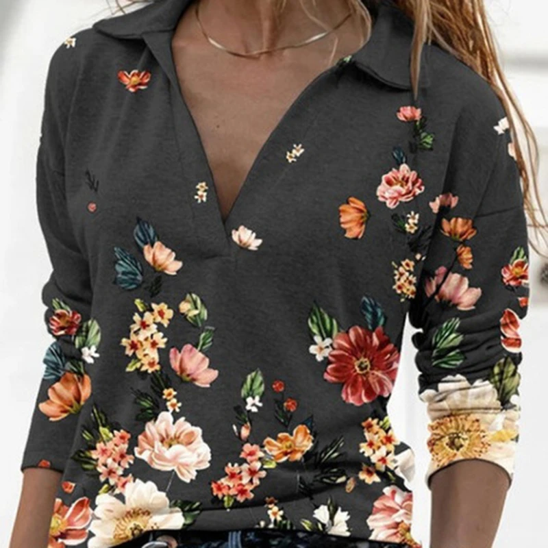 

Women's Clothing Autumn And Winter New Fashion Women's V-neck Flower Print Long-sleeved Casual Loose T-shirt Plus Size