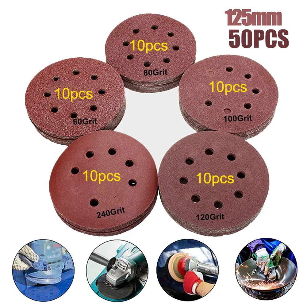 50Pcs 125mm Sanding Discs 5 Inch 8 Hole Round Sandpaper Polishing Pad Hook And Loop Buffing Sheet 60 80 100 120 240 Grit