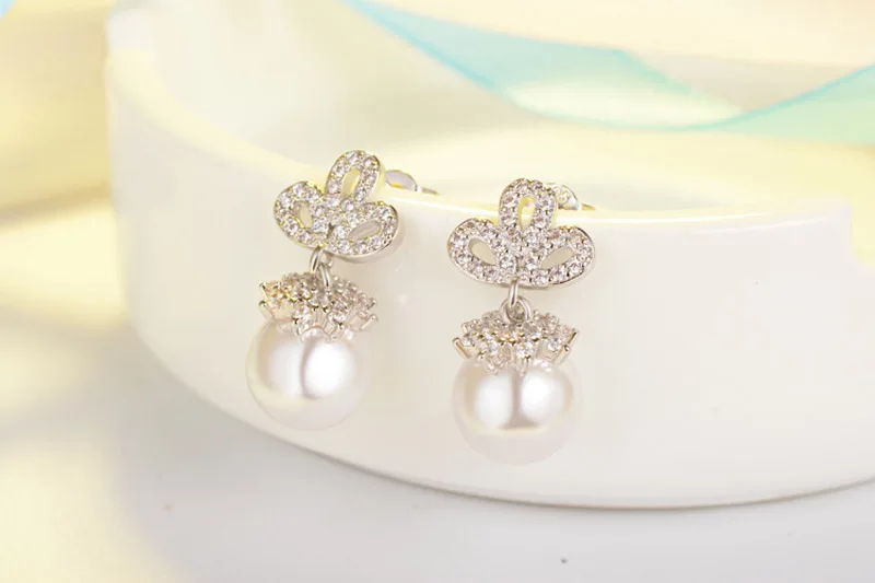 Сверкающие серьги с жемчугом в виде клевера для женщин и девушек ювелирные