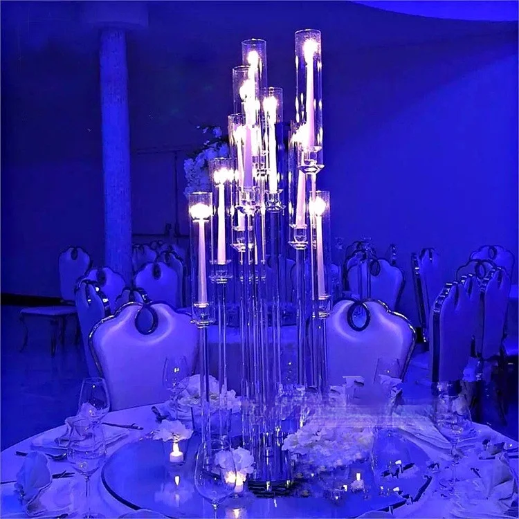 Luxury acrylic tranparent tube candle holder 8 arms tall cheap wedding candelabra acrylic table top decoration centerpieces