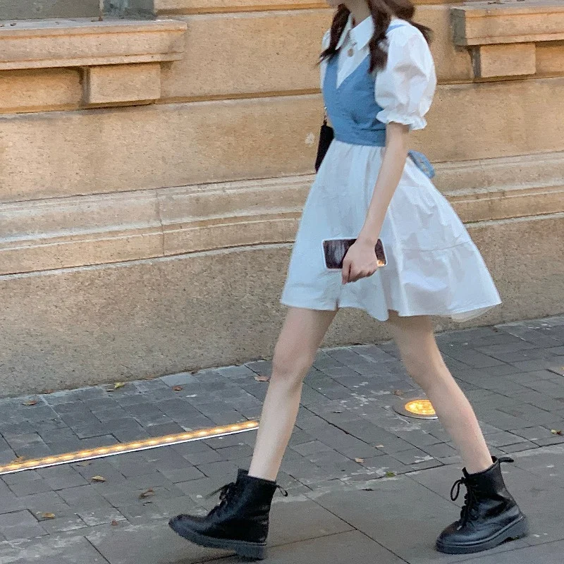 

Korean Style Preppy Style Denim Camisole Design Sense Niche Outdoor Shirt Dress Two-piece Suit for Women Summer