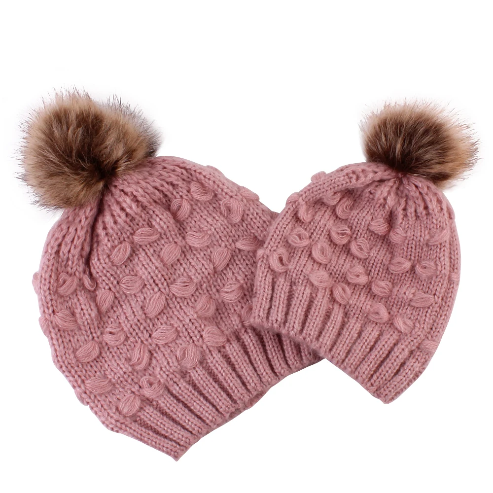 

Parent-child Winter Hats Knit With Venonat Women Baby Warm Knit Wool Beanie Fur Pom Bobble Hat Crochet Cap Hot