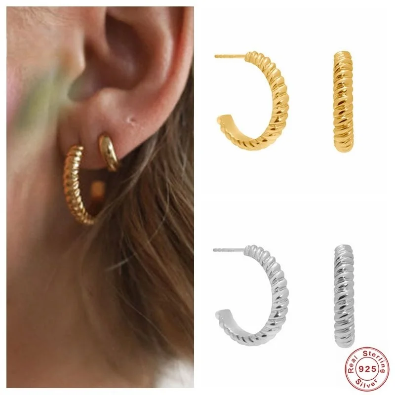 

2021 100% Sterling Silver Twisted C-shaped Stud Earrings For Women Gold Color Piercing Earring Jewelry Gift Pendientes