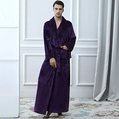 Purple Men Мужской зимний удлиненный толстый теплый банный халат с воротником-шалью, мужской термо фланелевый Халат, мужской пеньюар мужской коралловой флисовой ночной рубашки - Цвет: Purple Men