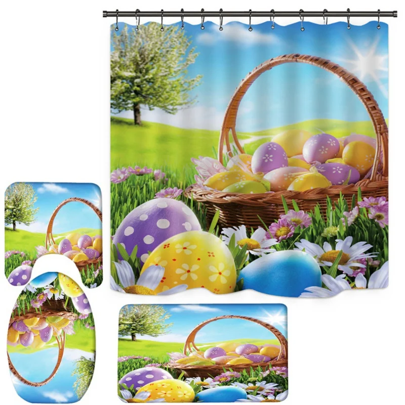 

ZL Non-slip Bathroom Mat, Absorbent Carpet, Easter Printing Shower Curtain Floor Mat Bathroom Base Mat Toilet Mat Set Of 4