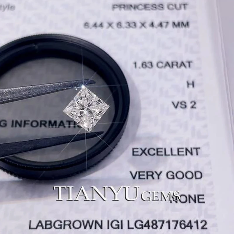 

Tianyu Gems Princess Cut CVD 1.63ct H VS2 EX VG Diamond Lab Grown IGI 6.44X6.33X4.47mm Synthetic Diamonds Loose For Ring Jewelry