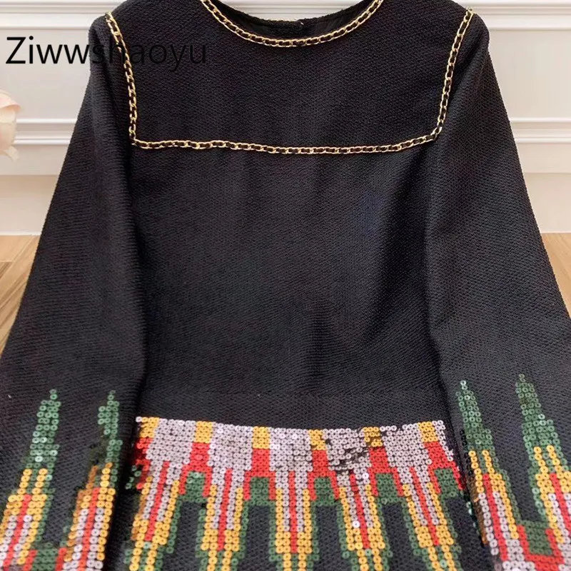 Ziwwshaoyu Runway Creation зимние женские винтажные Мини-платья с длинным рукавом и цепочкой, украшенное блестками роскошное платье