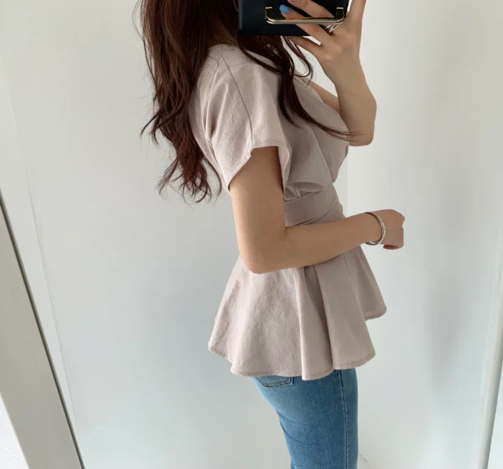 

Elegant Ruffles Patchwork Solid Ol Blouse Women O Neck Short Sleeve Slim Waist Sashes Blusas Summer 2021 New Shirt