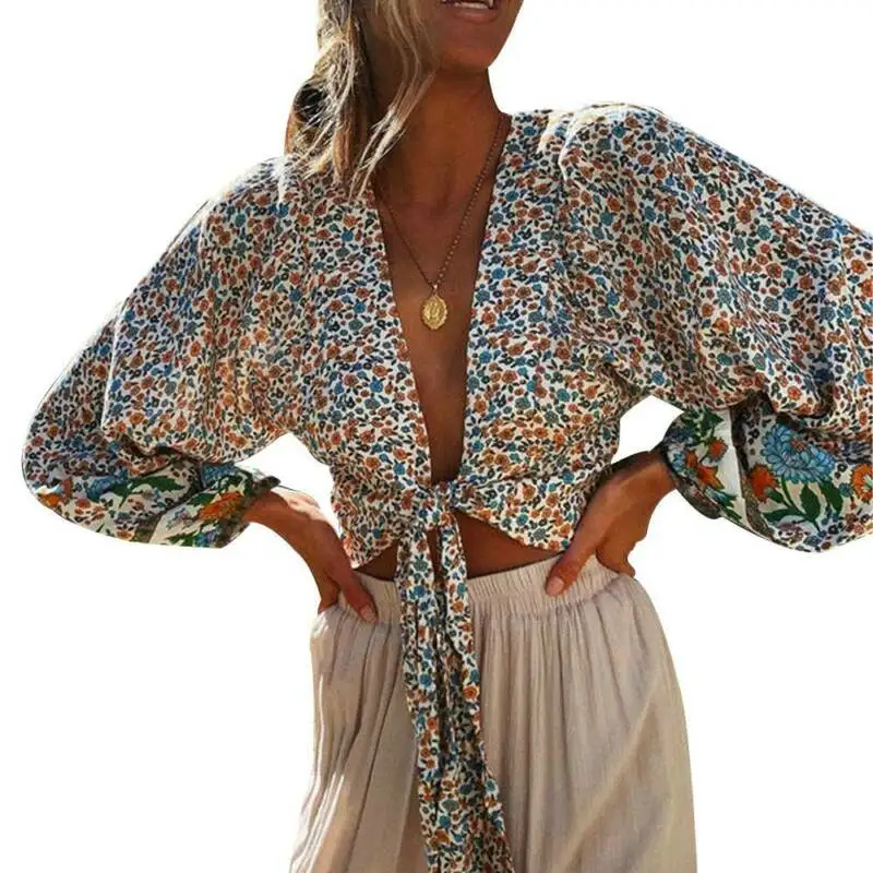 

Sexy Fashion Crop Top Blouse Tops Womens Ladies Bandage Cardigan Floral Long Sleeve Casual T-shirt