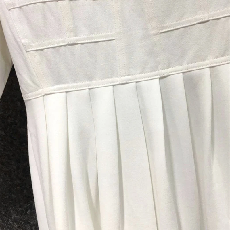 

CHICEVER White Patchwork Zipper Dress For Women O Neck Puff Short Sleeve High Waist Ruched Mid Dresses Females Clothing 2021 New